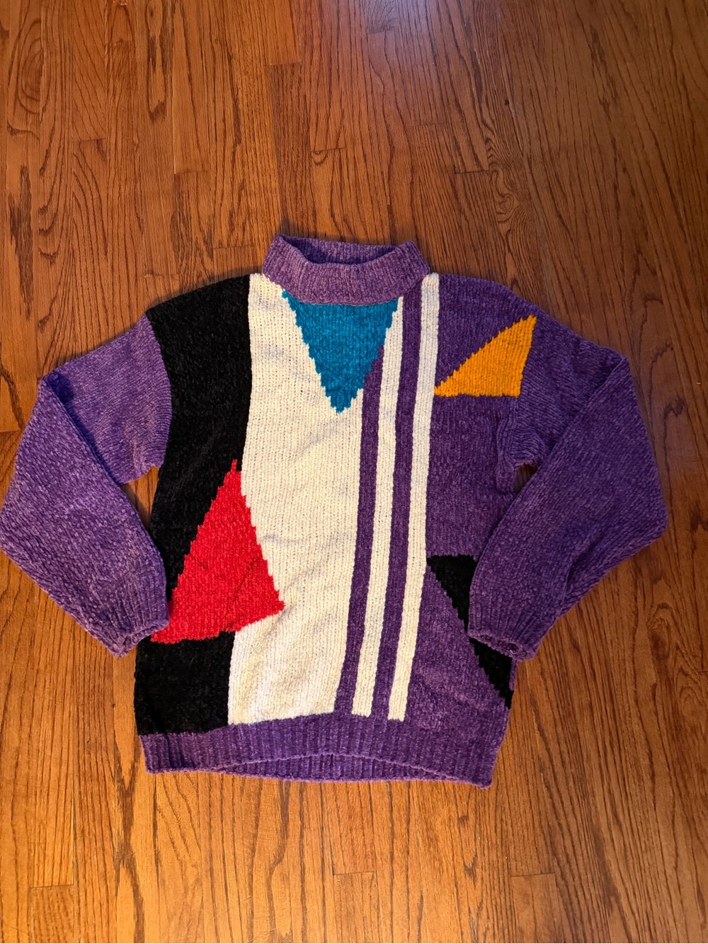 VTG 80s 90s Karen Scott Geometric Chenille Colorblock Sweater Mock Neck Small
